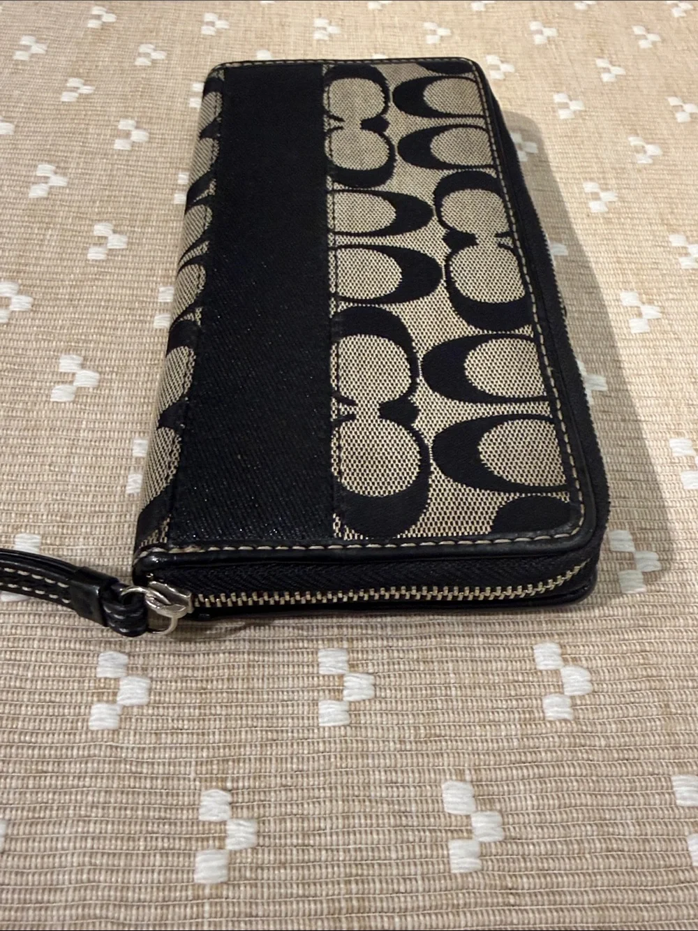 Coach Signature Jacquard Slim Envelope Wallet Black Gray Leather Trim OS